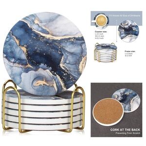 6 Pcs Navy Blue and Gold Marble Abstract Ceramic Coasters with Gold Holder